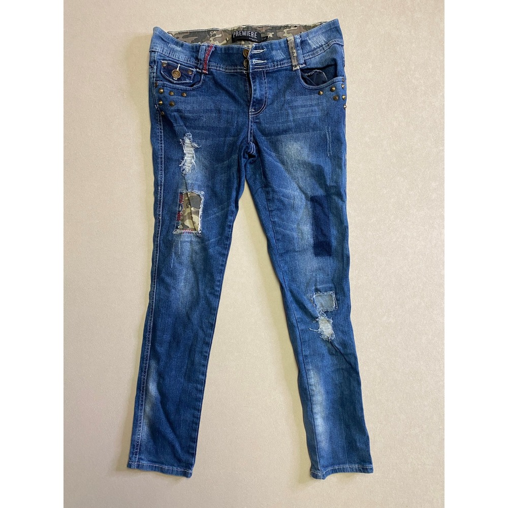 Premiere by rue21 Womens Skinny Jeans 7/8R Camo Patch Distressed Studded LowRise